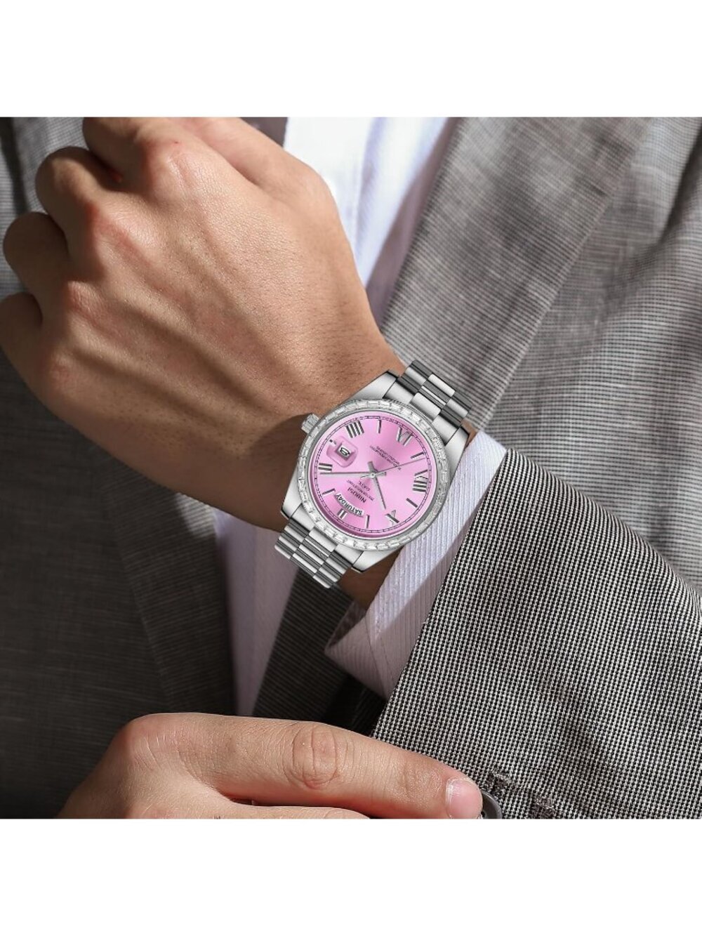 Nibosi Men's Silver Pink Analog Quartz Diamond Bezel Stainless Waterproof Watch - Picture 6 of 6